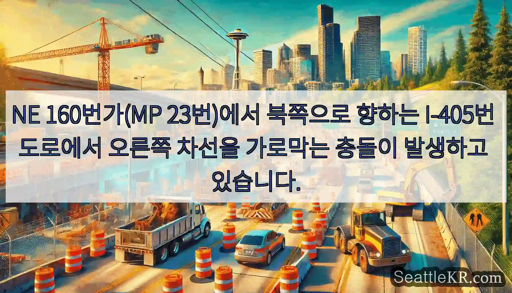 NE 160번가(MP 23번)에서 북쪽으로 향하는 I-405번 도로에서 오른쪽 차선을