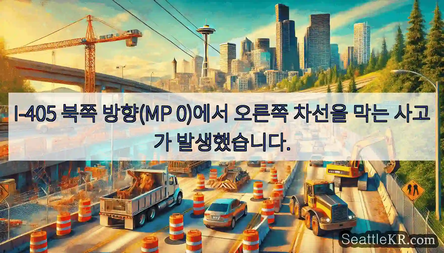 I-405 북쪽 방향(MP 0)에서 오른쪽 차선을 막는 사고가 발생했습니다.