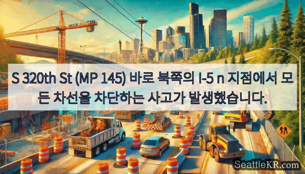 S 320th St (MP 145) 바로 북쪽의 I-5 n 지점에서 모든 차선을 차단하는