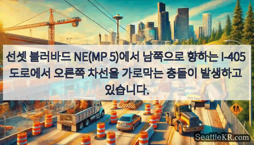 선셋 블러바드 NE(MP 5)에서 남쪽으로 향하는 I-405 도로에서 오른쪽 차선을