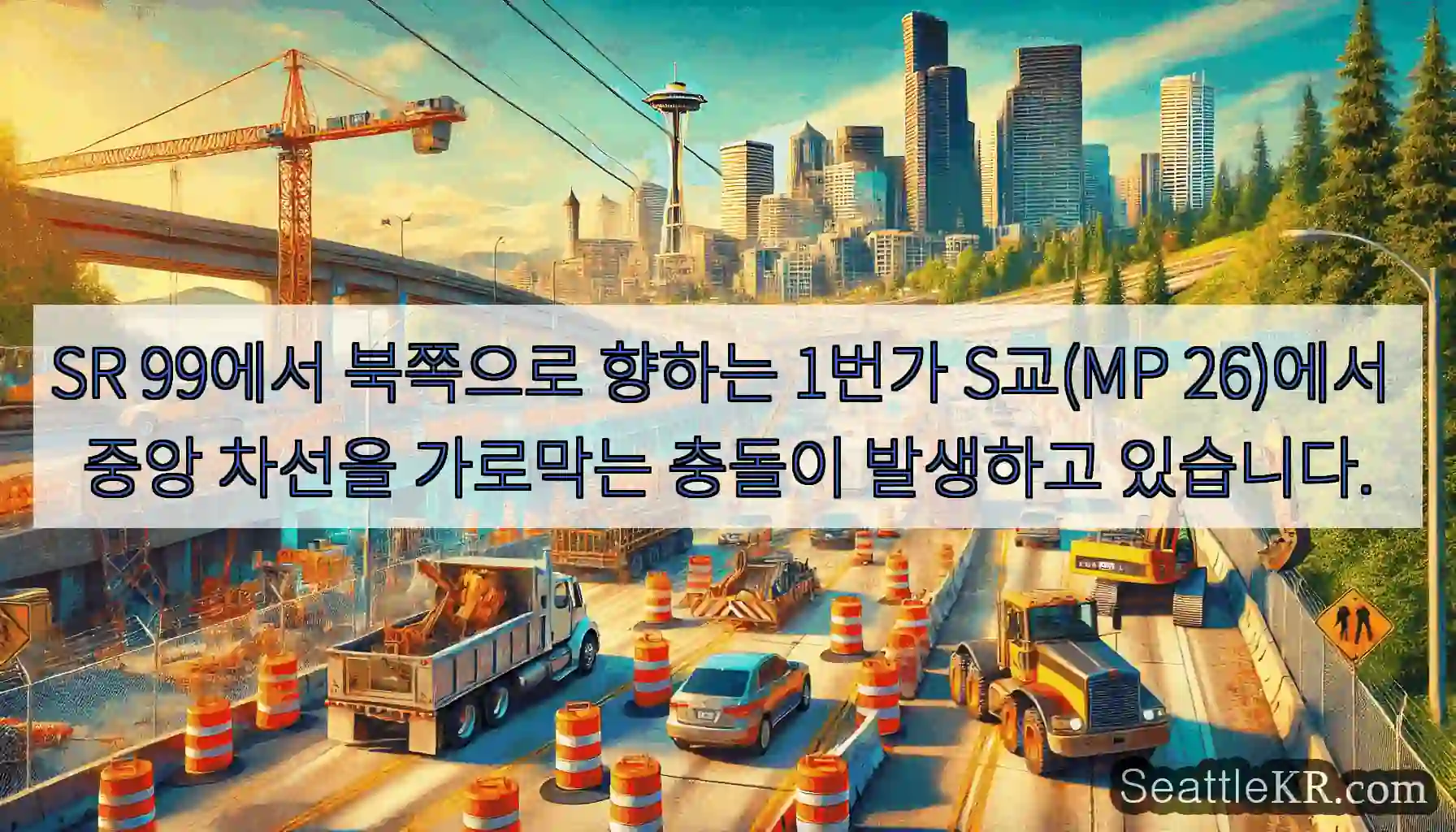 SR 99에서 북쪽으로 향하는 1번가 S교(MP 26)에서 중앙 차선을 가로막는 충돌이