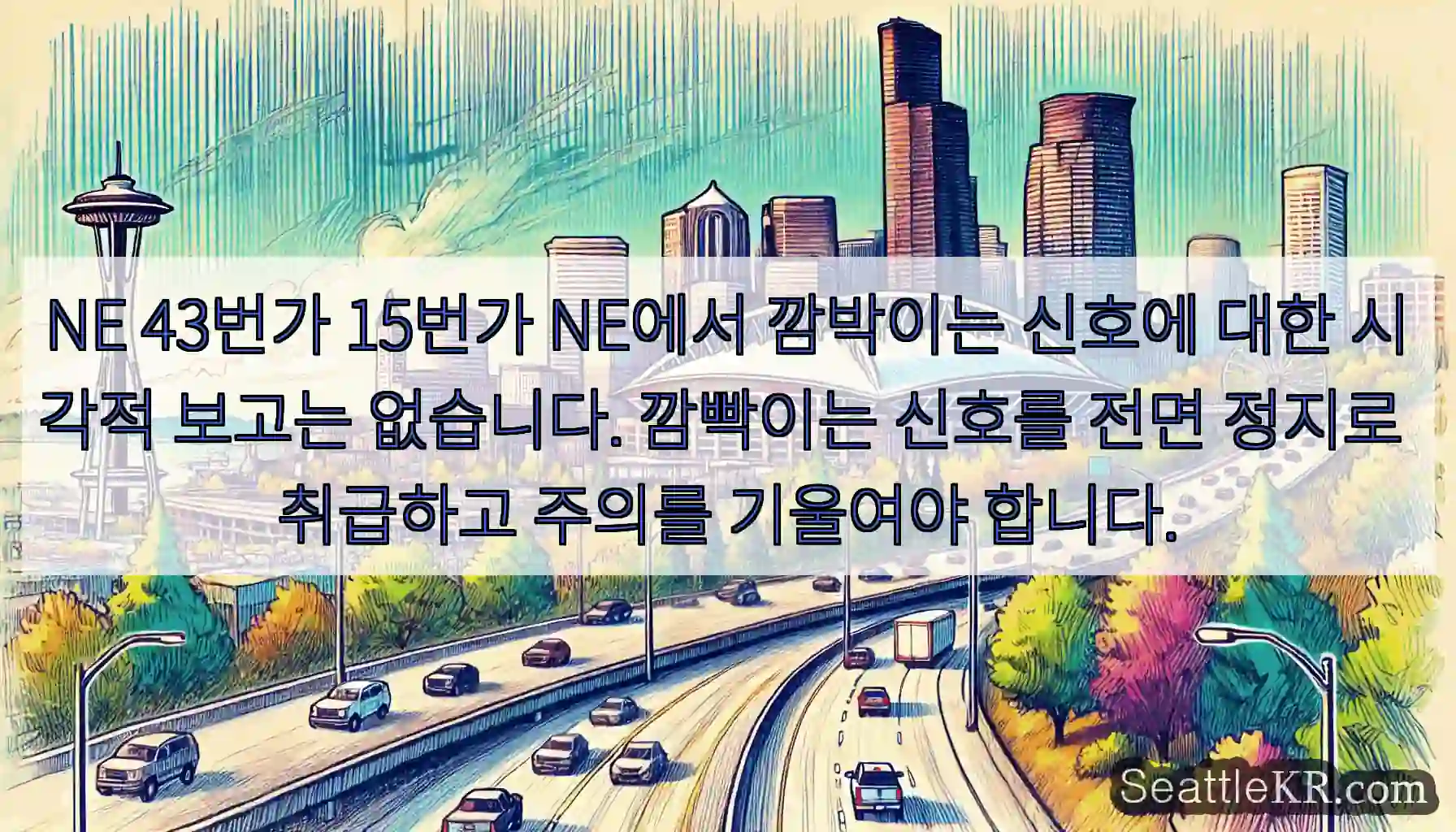 NE 43번가 15번가 NE에서 깜박이는 신호에 대한 시각적 보고는 없습니다. 깜빡이는