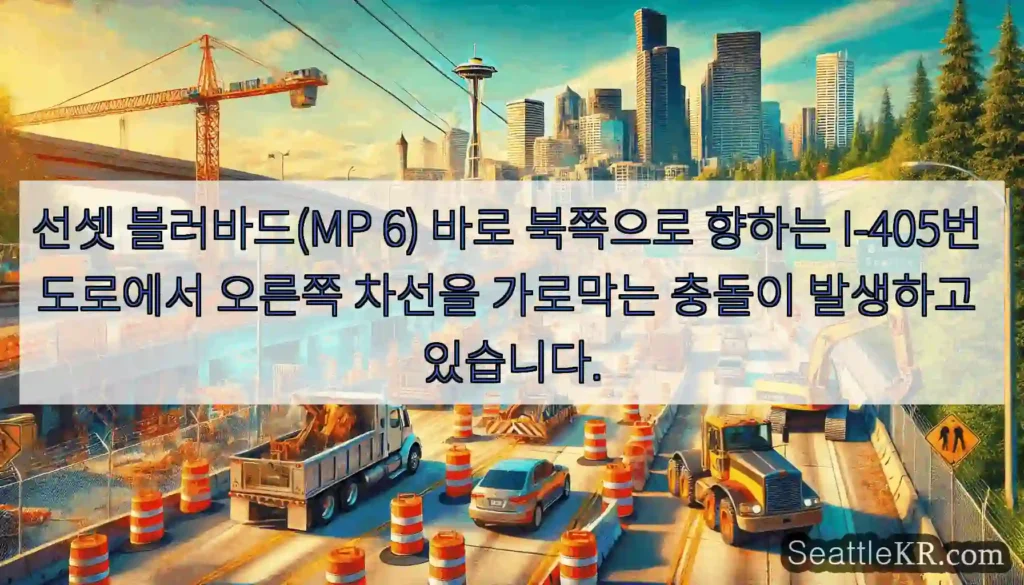 선셋 블러바드(MP 6) 바로 북쪽으로 향하는 I-405번 도로에서 오른쪽 차선을