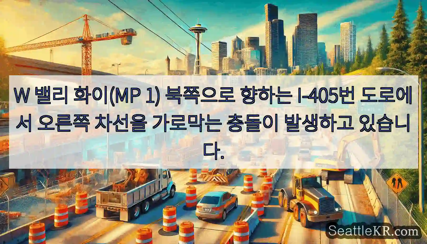 W 밸리 화이(MP 1) 북쪽으로 향하는 I-405번 도로에서 오른쪽 차선을 가로막는