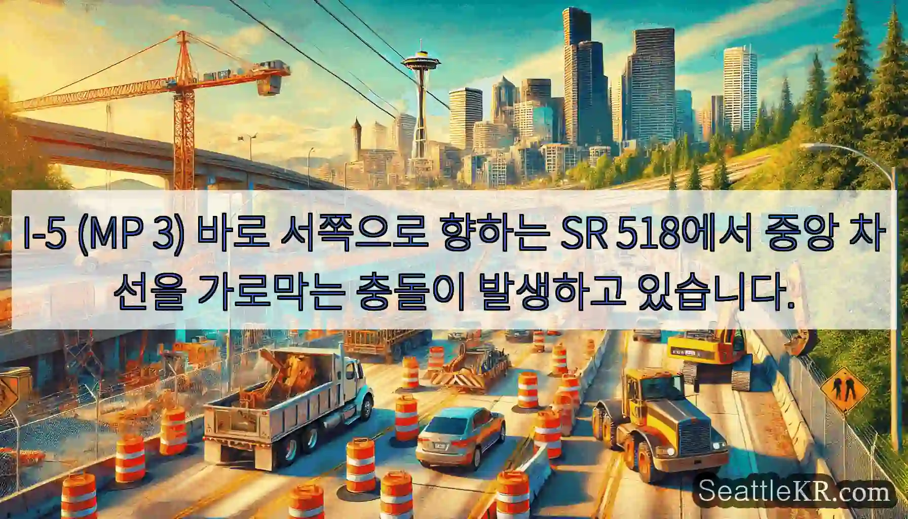 I-5 (MP 3) 바로 서쪽으로 향하는 SR 518에서 중앙 차선을 가로막는 충돌이