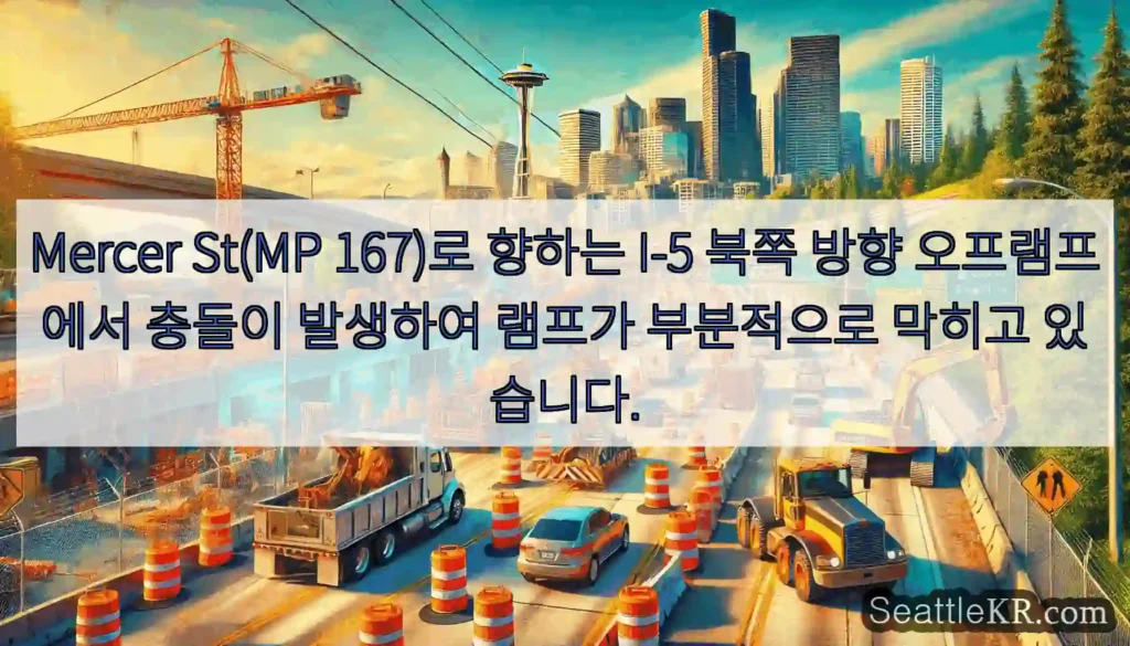 Mercer St(MP 167)로 향하는 I-5 북쪽 방향 오프램프에서 충돌이 발생하여