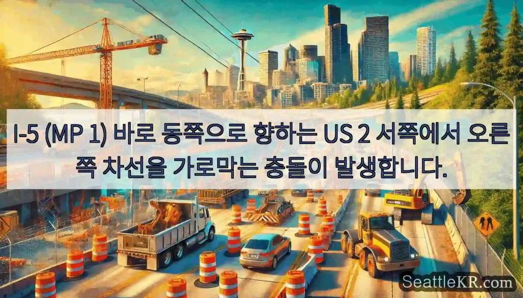 I-5 (MP 1) 바로 동쪽으로 향하는 US 2 서쪽에서 오른쪽 차선을 가로막는 충돌이