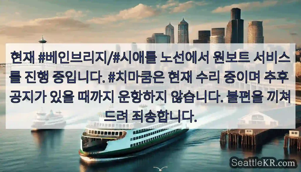 현재 #베인브리지/#시애틀 노선에서 원보트 서비스를 진행 중입니다. #치마쿰은 현재 수리