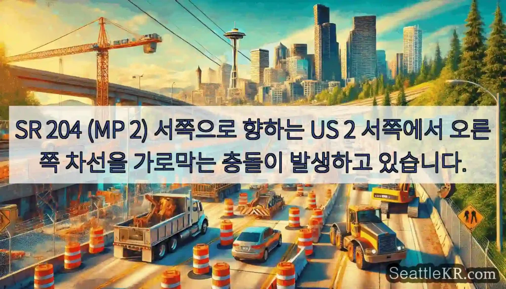 SR 204 (MP 2) 서쪽으로 향하는 US 2 서쪽에서 오른쪽 차선을 가로막는 충돌이