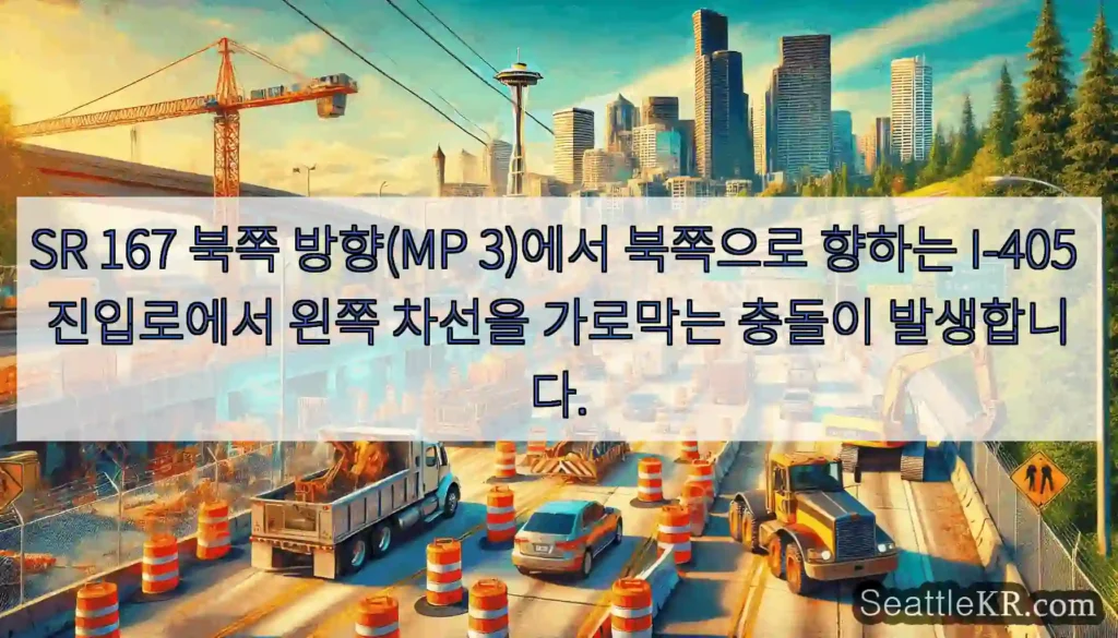 SR 167 북쪽 방향(MP 3)에서 북쪽으로 향하는 I-405 진입로에서 왼쪽 차선을