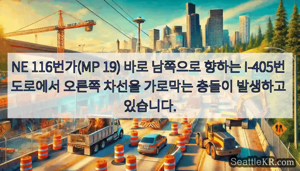 NE 116번가(MP 19) 바로 남쪽으로 향하는 I-405번 도로에서 오른쪽 차선을