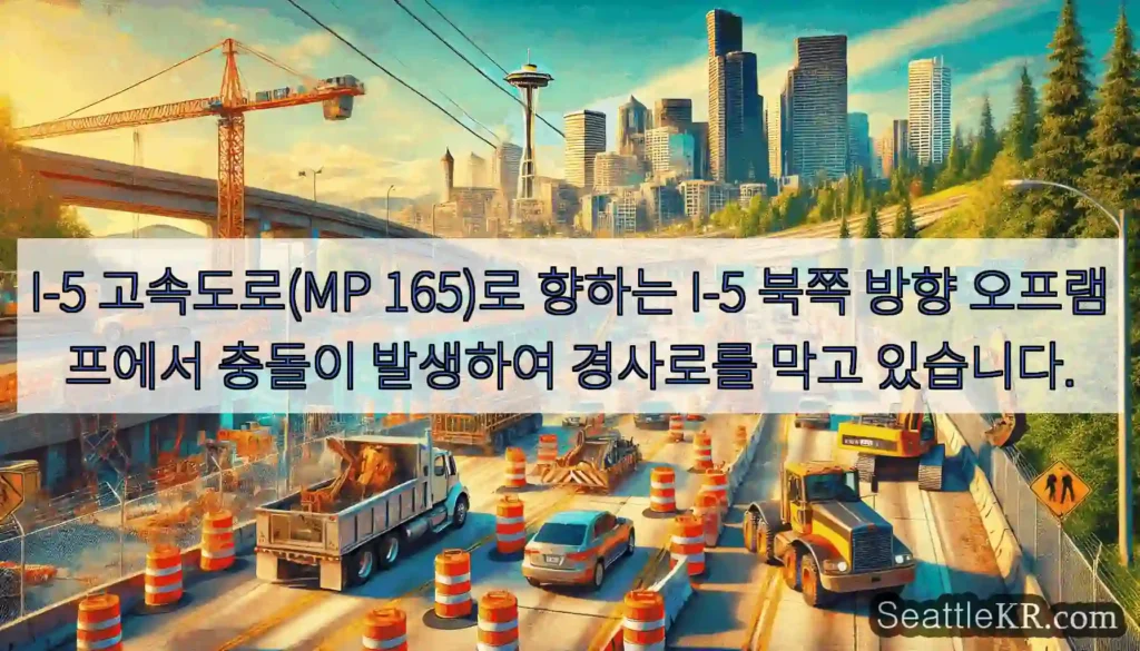 I-5 고속도로(MP 165)로 향하는 I-5 북쪽 방향 오프램프에서 충돌이 발생하여