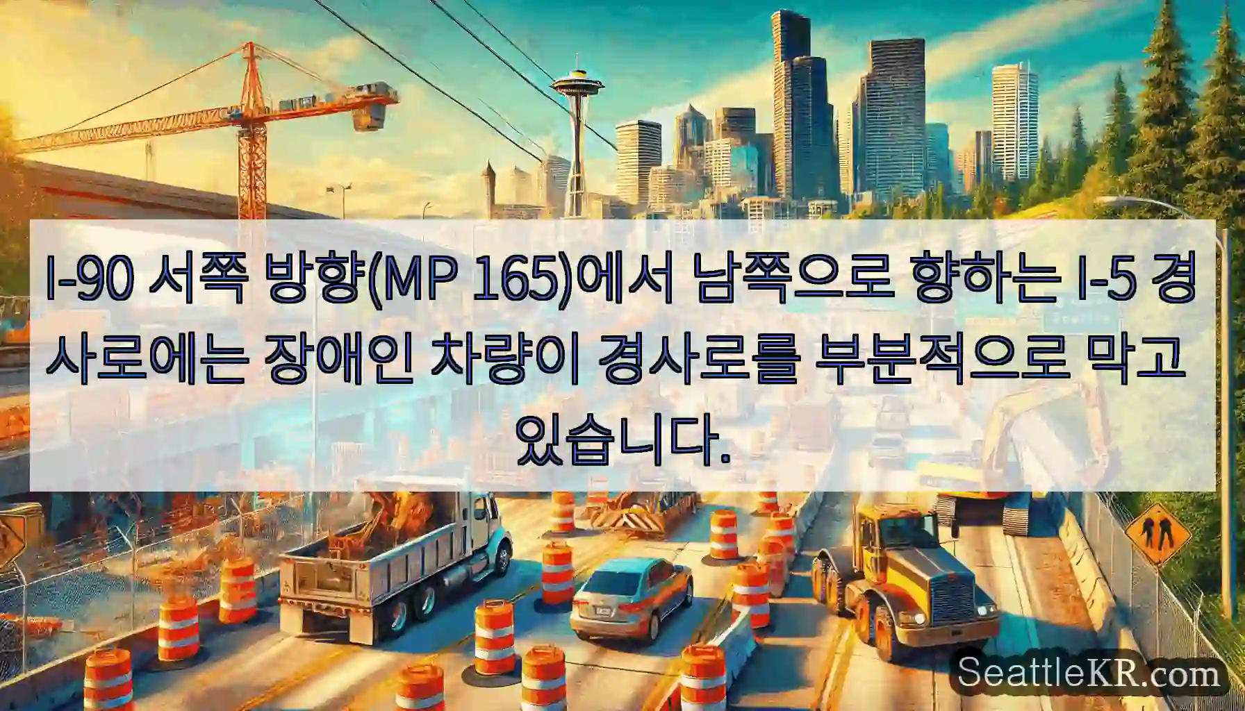 I-90 서쪽 방향(MP 165)에서 남쪽으로 향하는 I-5 경사로에는 장애인 차량이