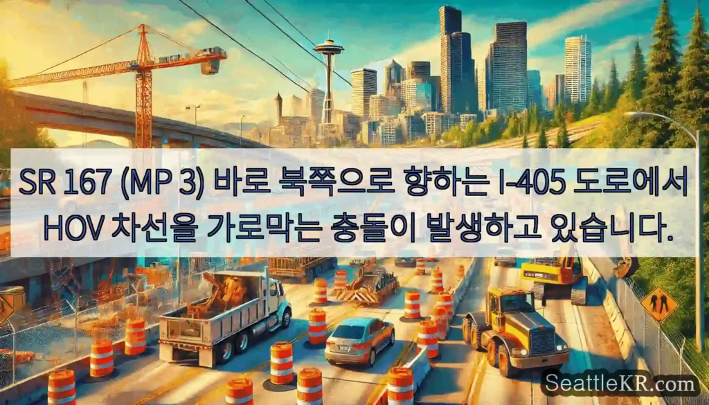 SR 167 (MP 3) 바로 북쪽으로 향하는 I-405 도로에서 HOV 차선을 가로막는