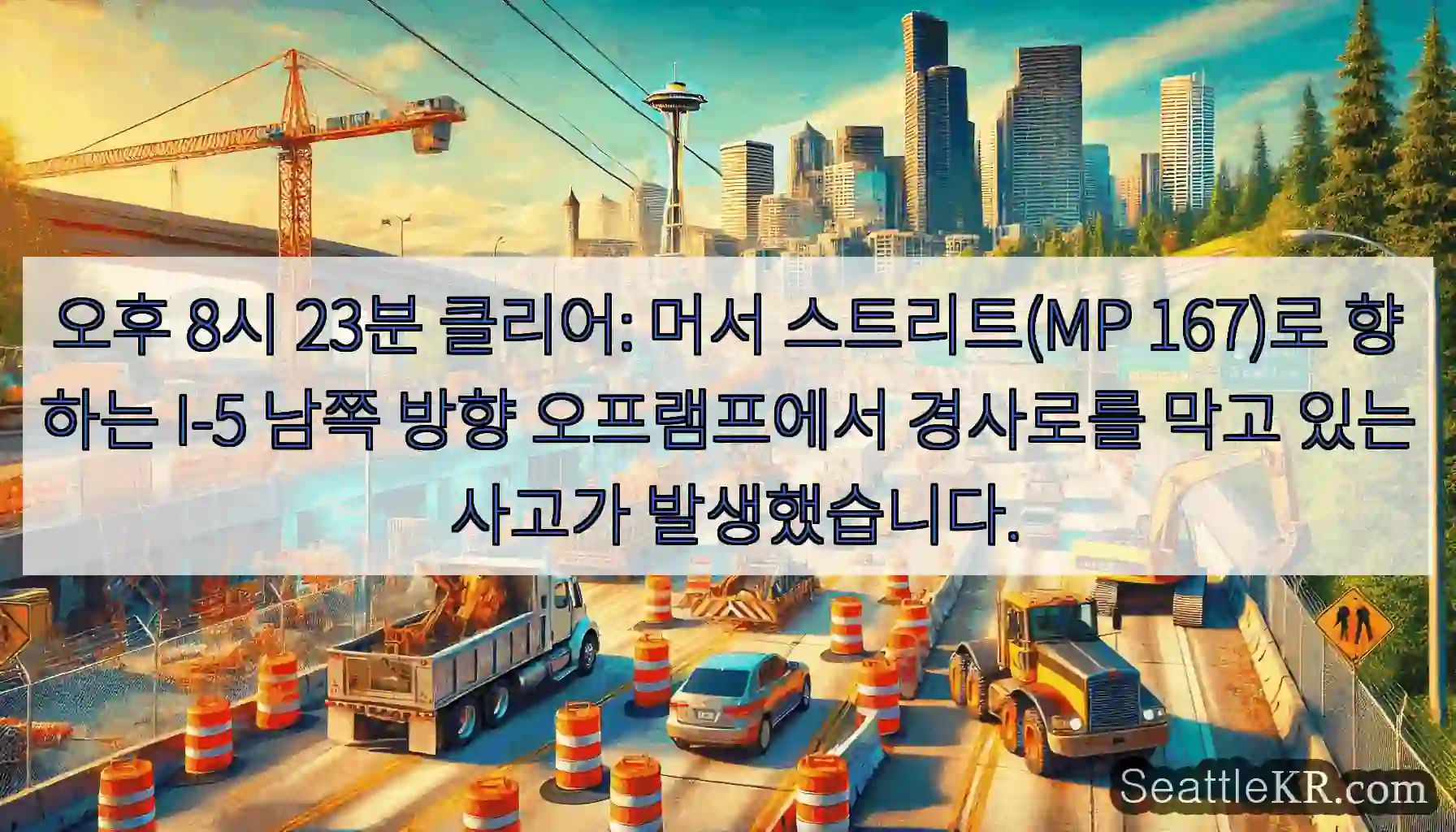 오후 8시 23분 클리어: 머서 스트리트(MP 167)로 향하는 I-5 남쪽 방향