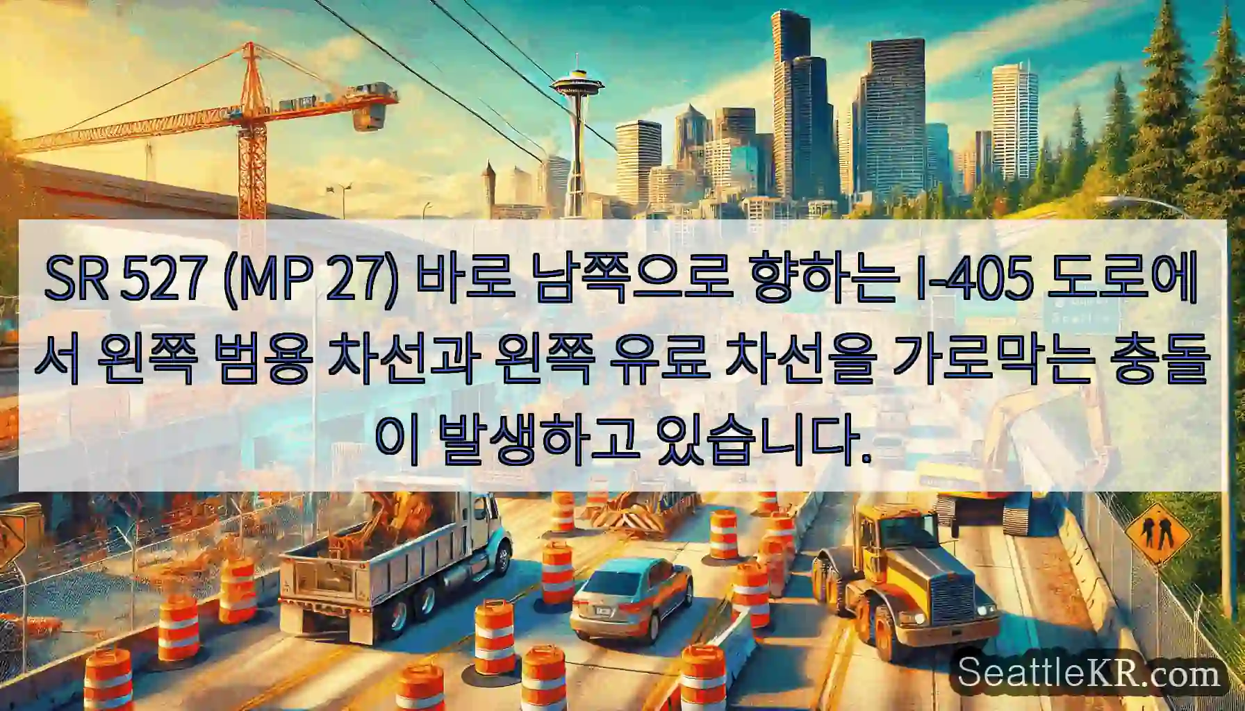 SR 527 (MP 27) 바로 남쪽으로 향하는 I-405 도로에서 왼쪽 범용 차선과