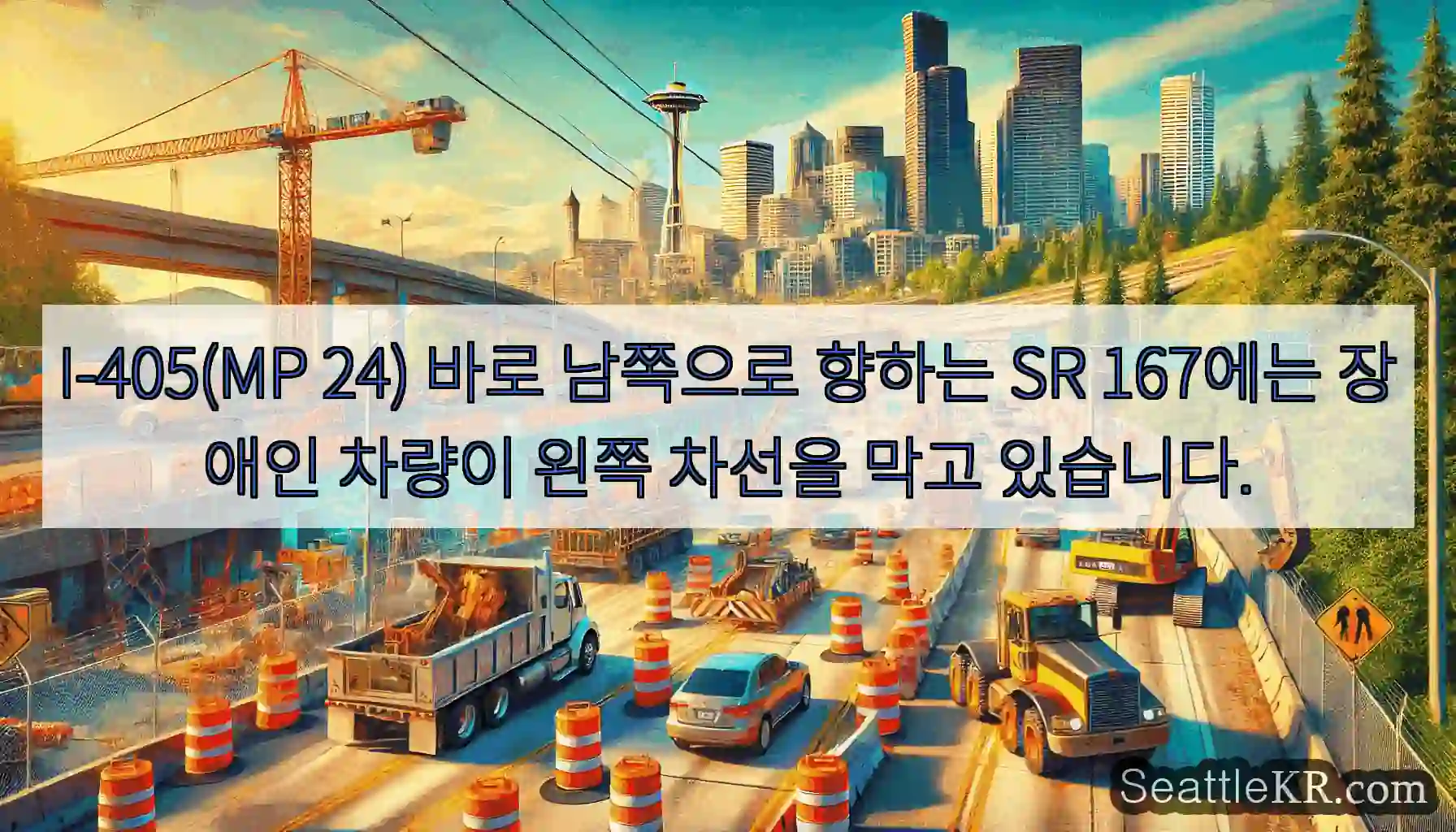 I-405(MP 24) 바로 남쪽으로 향하는 SR 167에는 장애인 차량이 왼쪽 차선을