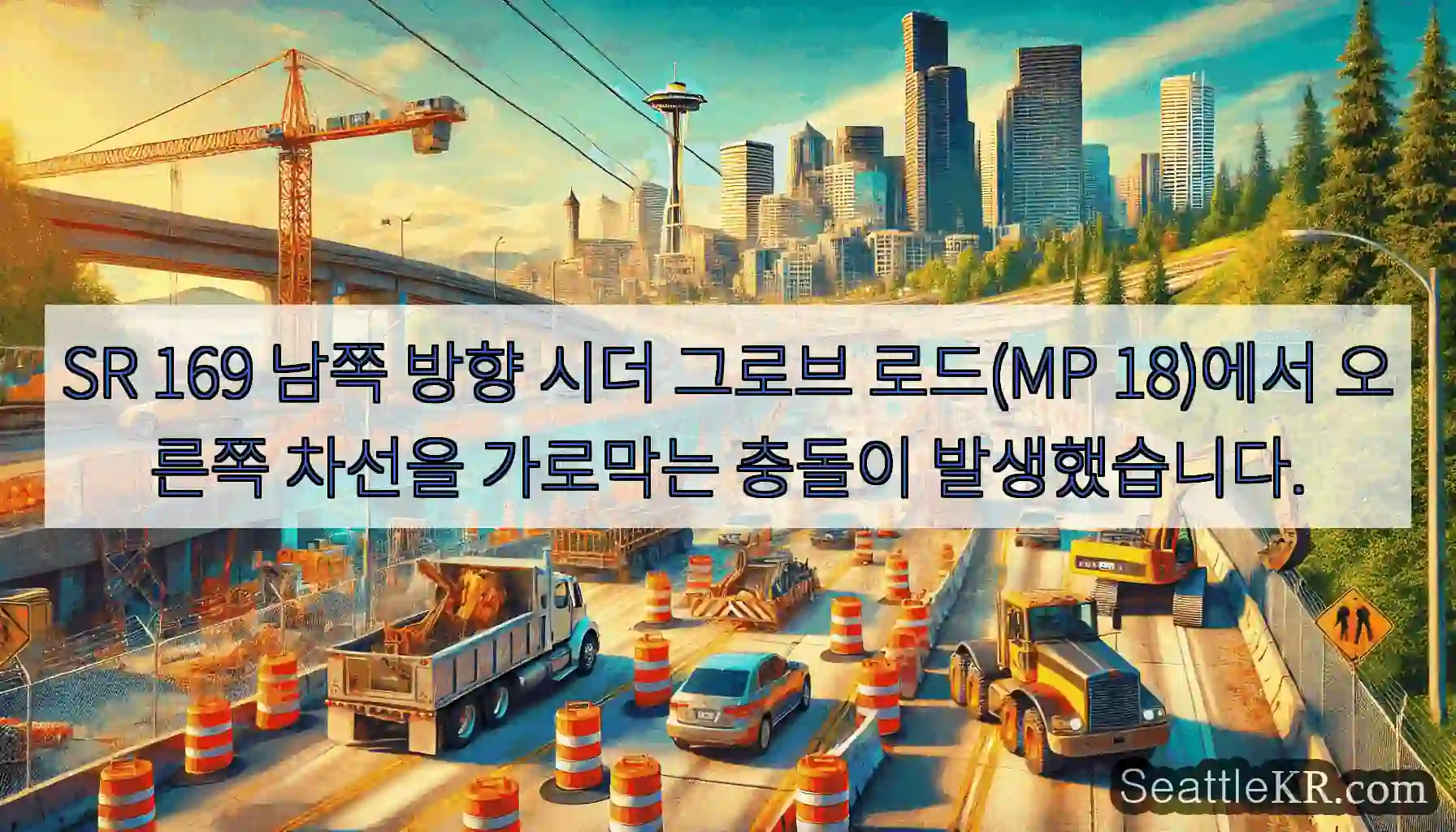 SR 169 남쪽 방향 시더 그로브 로드(MP 18)에서 오른쪽 차선을 가로막는 충돌이