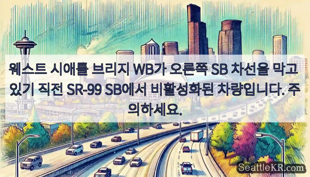웨스트 시애틀 브리지 WB가 오른쪽 SB 차선을 막고 있기 직전 SR-99 SB에서