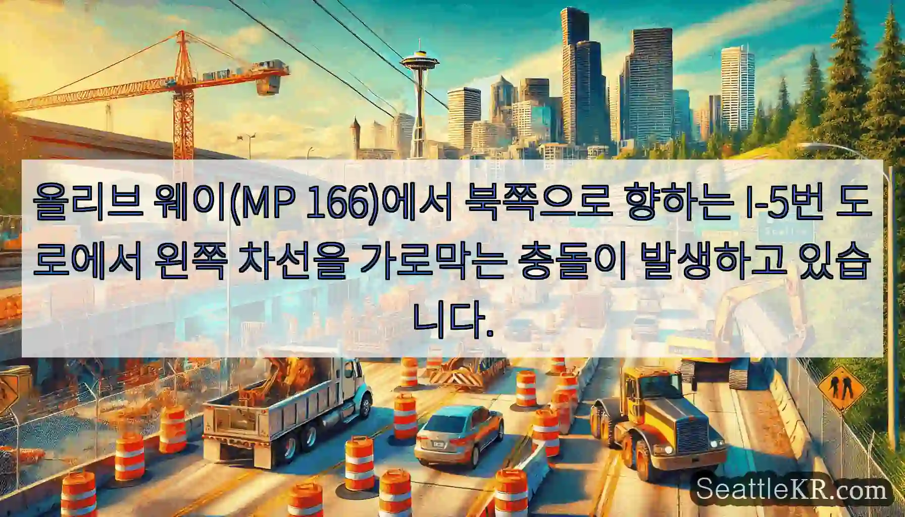 올리브 웨이(MP 166)에서 북쪽으로 향하는 I-5번 도로에서 왼쪽 차선을 가로막는