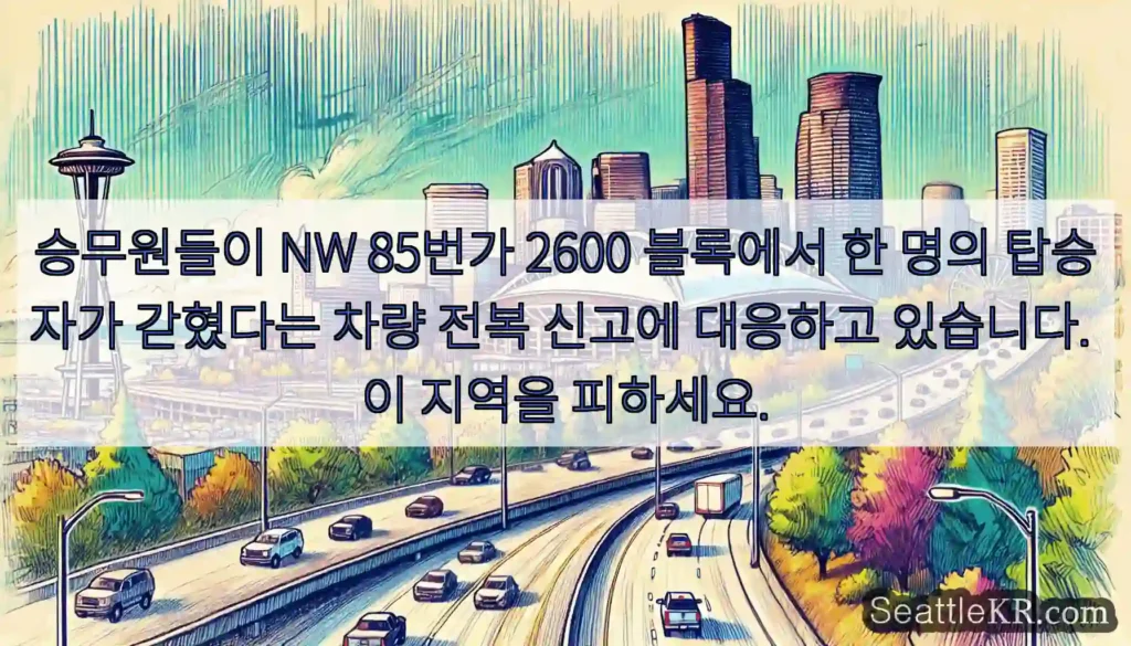 승무원들이 NW 85번가 2600 블록에서 한 명의 탑승자가 갇혔다는 차량 전복 신고에