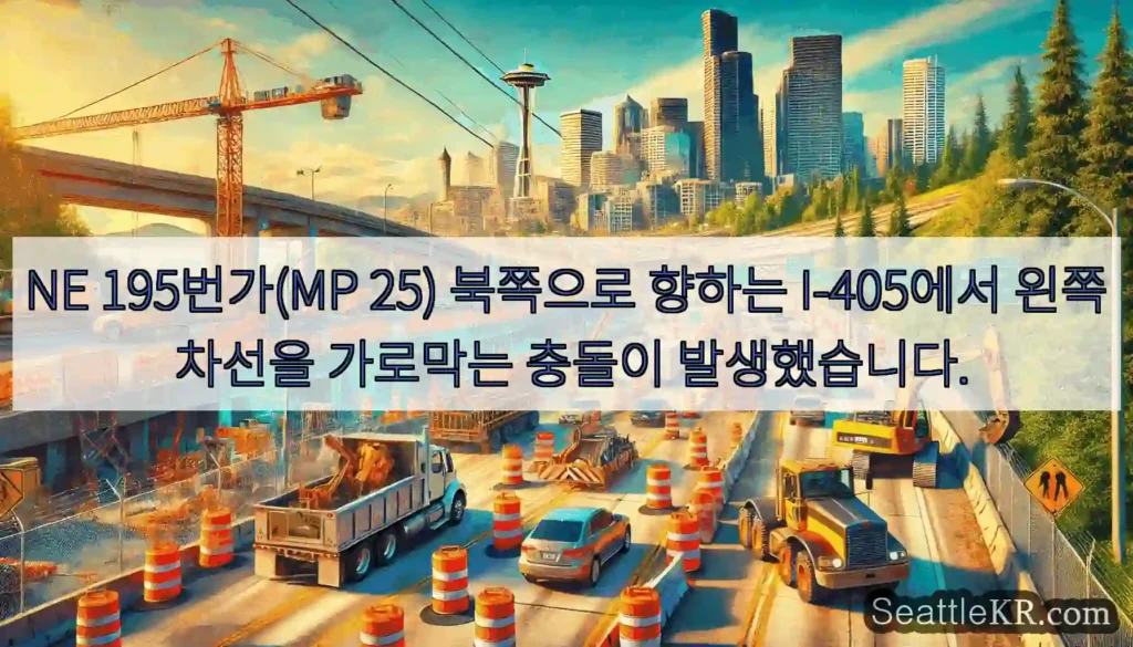 NE 195번가(MP 25) 북쪽으로 향하는 I-405에서 왼쪽 차선을 가로막는 충돌이