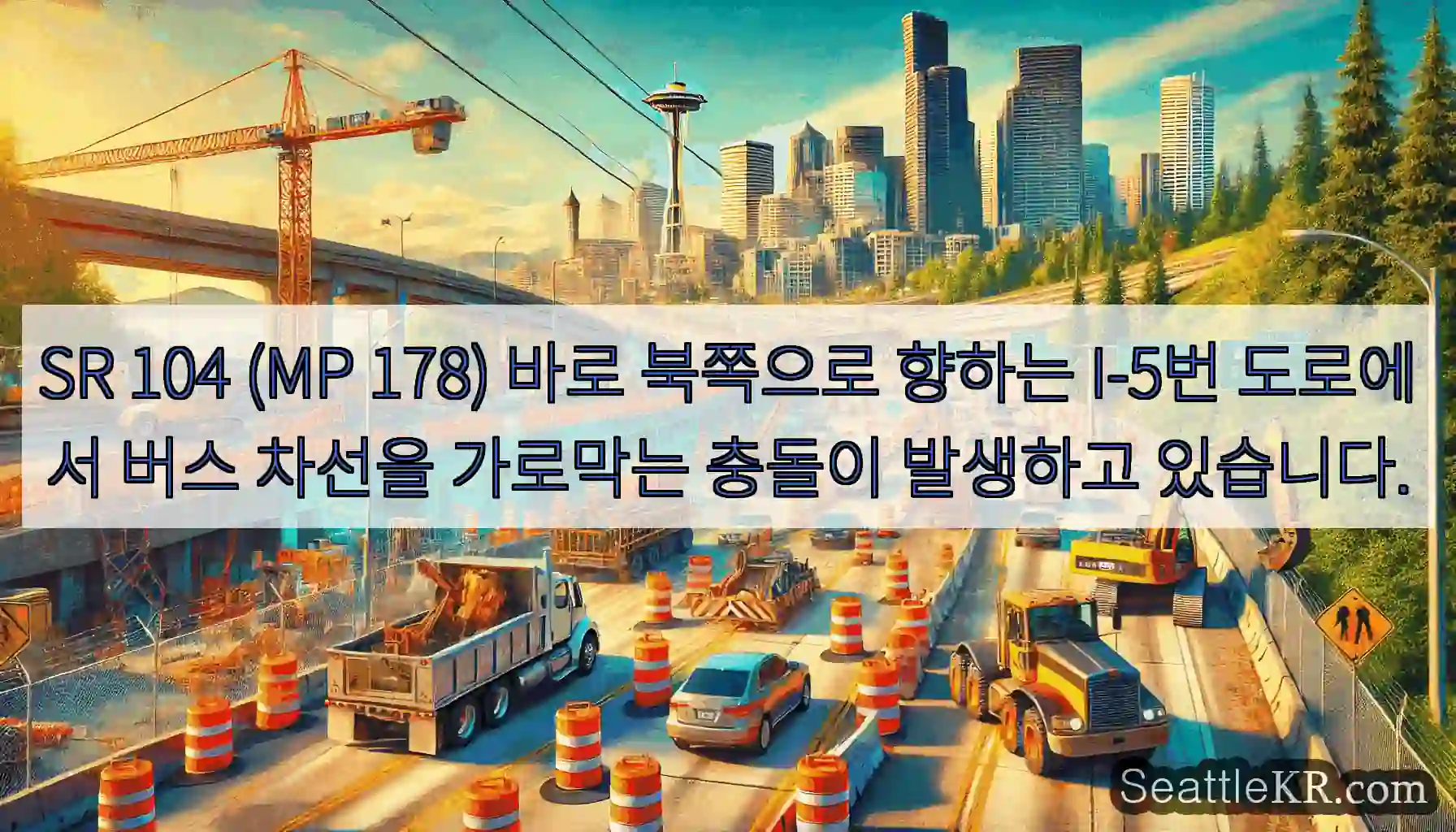 SR 104 (MP 178) 바로 북쪽으로 향하는 I-5번 도로에서 버스 차선을 가로막는