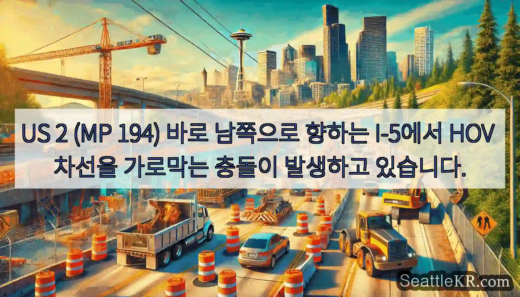 US 2 (MP 194) 바로 남쪽으로 향하는 I-5에서 HOV 차선을 가로막는 충돌이