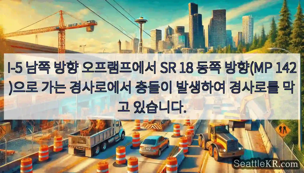 I-5 남쪽 방향 오프램프에서 SR 18 동쪽 방향(MP 142)으로 가는 경사로에서