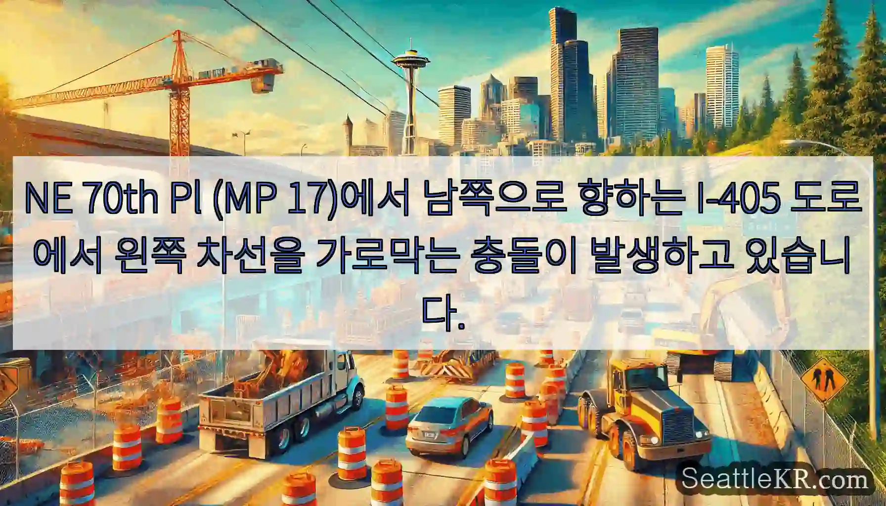 NE 70th Pl (MP 17)에서 남쪽으로 향하는 I-405 도로에서 왼쪽 차선을