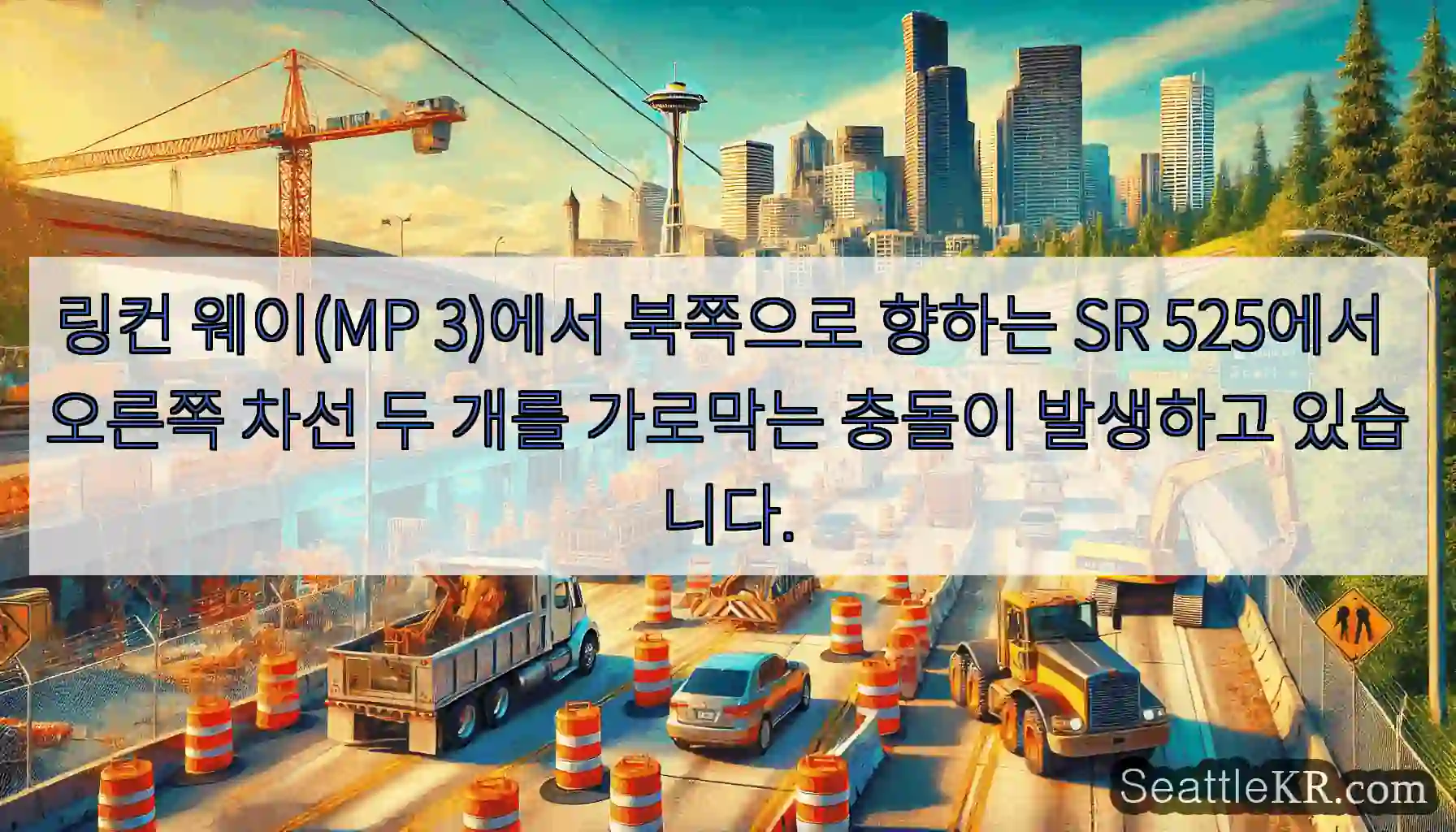 링컨 웨이(MP 3)에서 북쪽으로 향하는 SR 525에서 오른쪽 차선 두 개를 가로막는