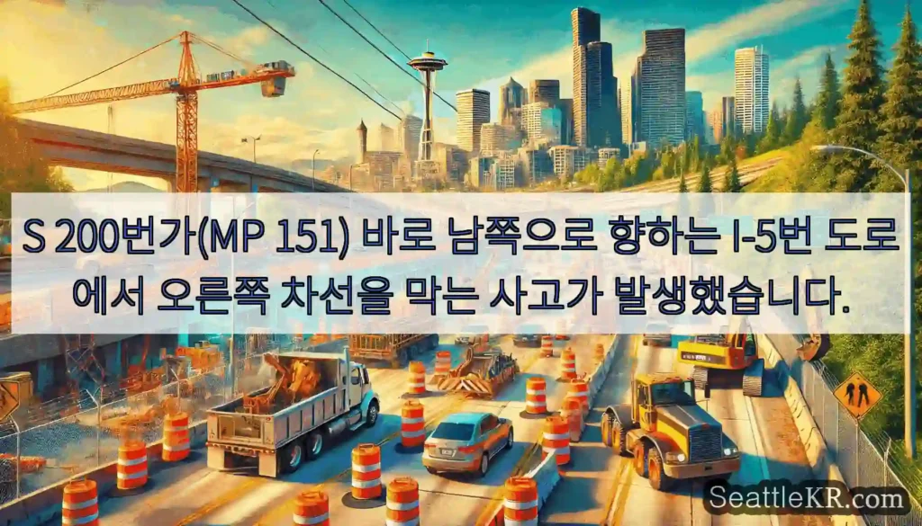 S 200번가(MP 151) 바로 남쪽으로 향하는 I-5번 도로에서 오른쪽 차선을 막는