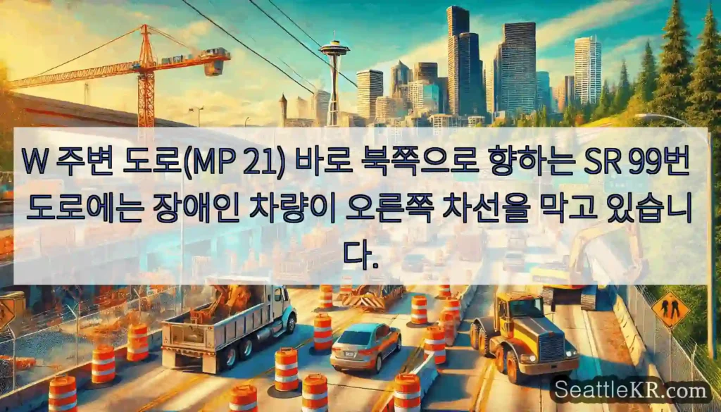 W 주변 도로(MP 21) 바로 북쪽으로 향하는 SR 99번 도로에는 장애인 차량이