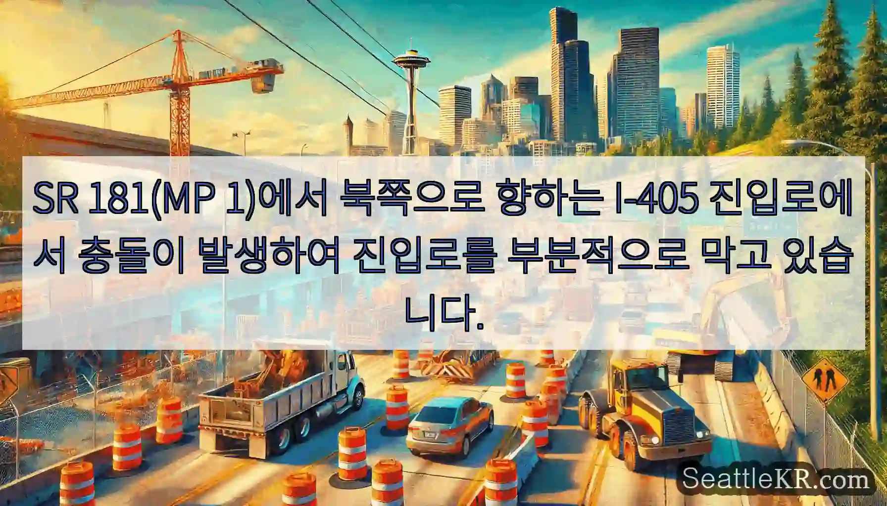 SR 181(MP 1)에서 북쪽으로 향하는 I-405 진입로에서 충돌이 발생하여 진입로를