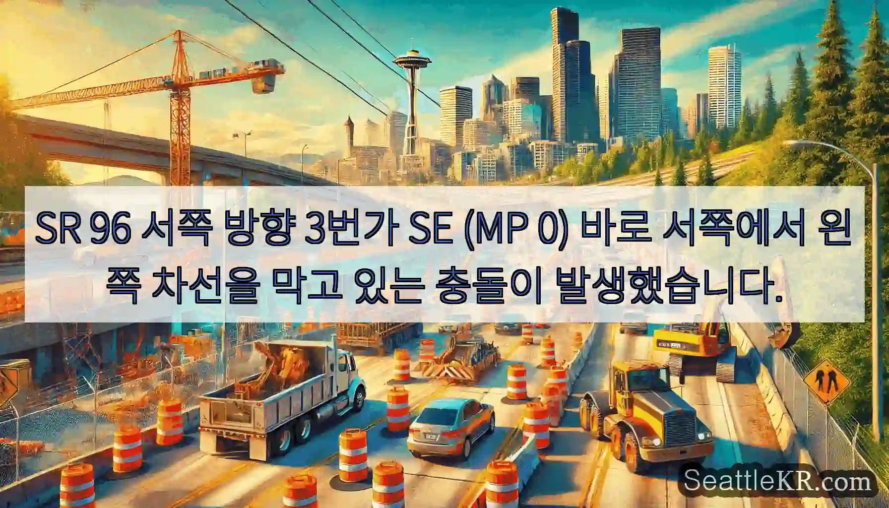 SR 96 서쪽 방향 3번가 SE (MP 0) 바로 서쪽에서 왼쪽 차선을 막고 있는