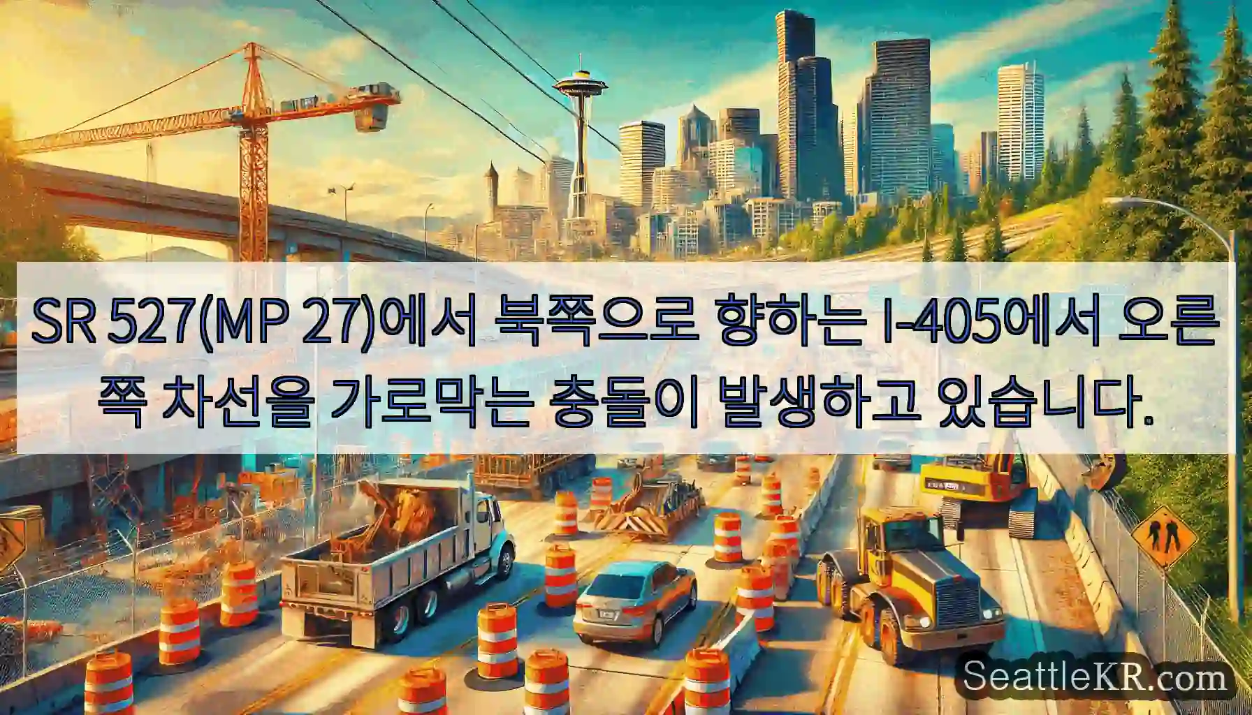 SR 527(MP 27)에서 북쪽으로 향하는 I-405에서 오른쪽 차선을 가로막는 충돌이