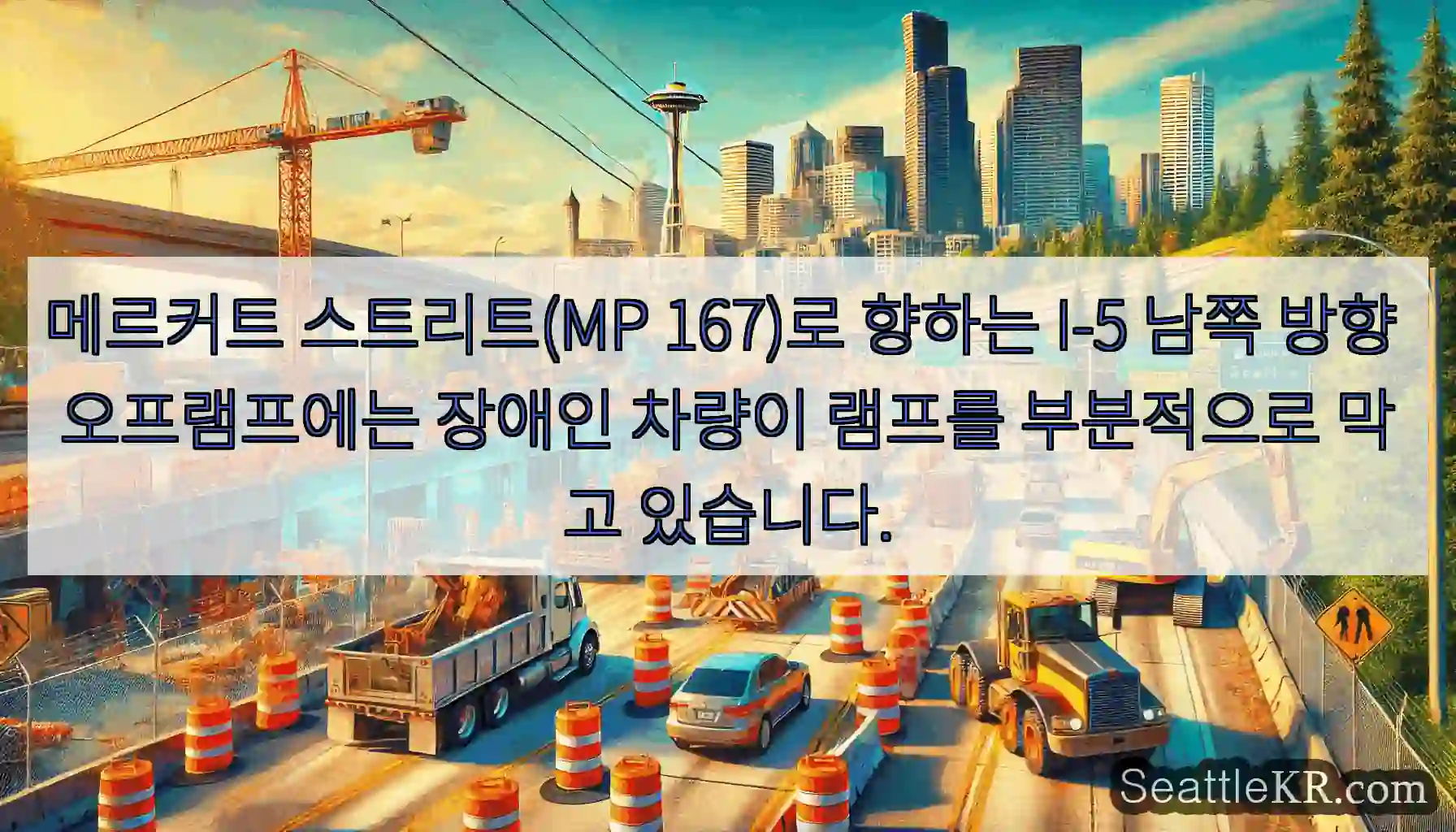 메르커트 스트리트(MP 167)로 향하는 I-5 남쪽 방향 오프램프에는 장애인 차량이