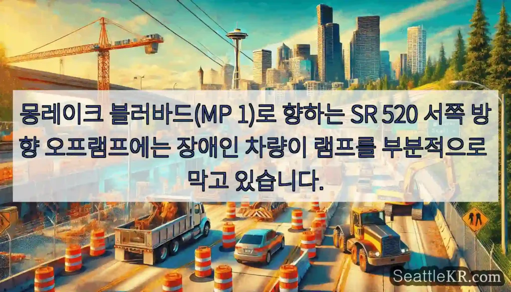 몽레이크 블러바드(MP 1)로 향하는 SR 520 서쪽 방향 오프램프에는 장애인 차량이