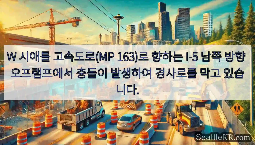 W 시애틀 고속도로(MP 163)로 향하는 I-5 남쪽 방향 오프램프에서 충돌이 발생하여