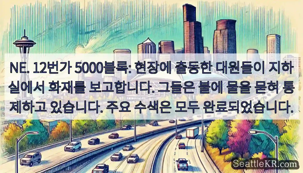 NE. 12번가 5000블록: 현장에 출동한 대원들이 지하실에서 화재를 보고합니다.