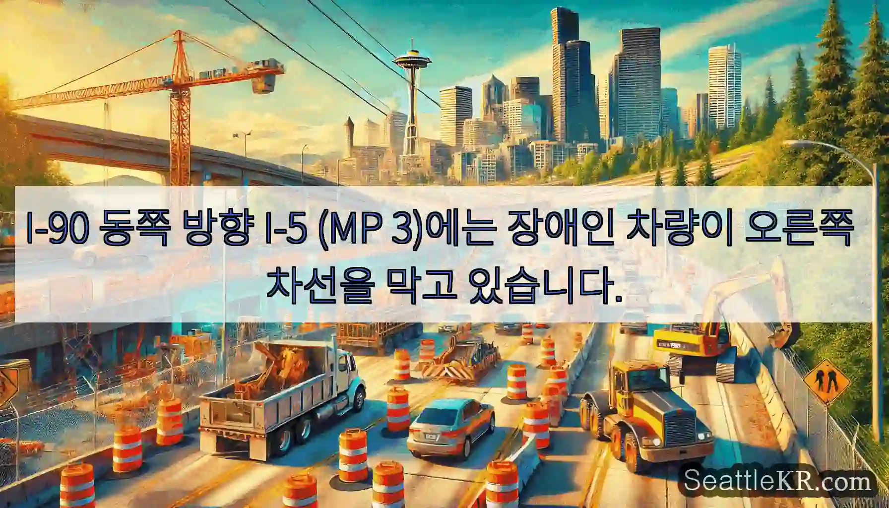 I-90 동쪽 방향 I-5 (MP 3)에는 장애인 차량이 오른쪽 차선을 막고 있습니다.