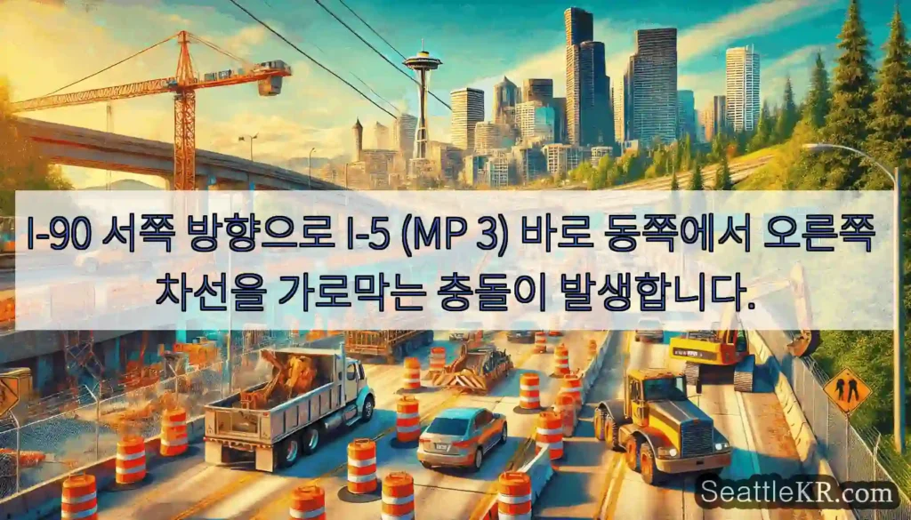 I-90 서쪽 방향으로 I-5 (MP 3) 바로 동쪽에서 오른쪽 차선을 가로막는 충돌이