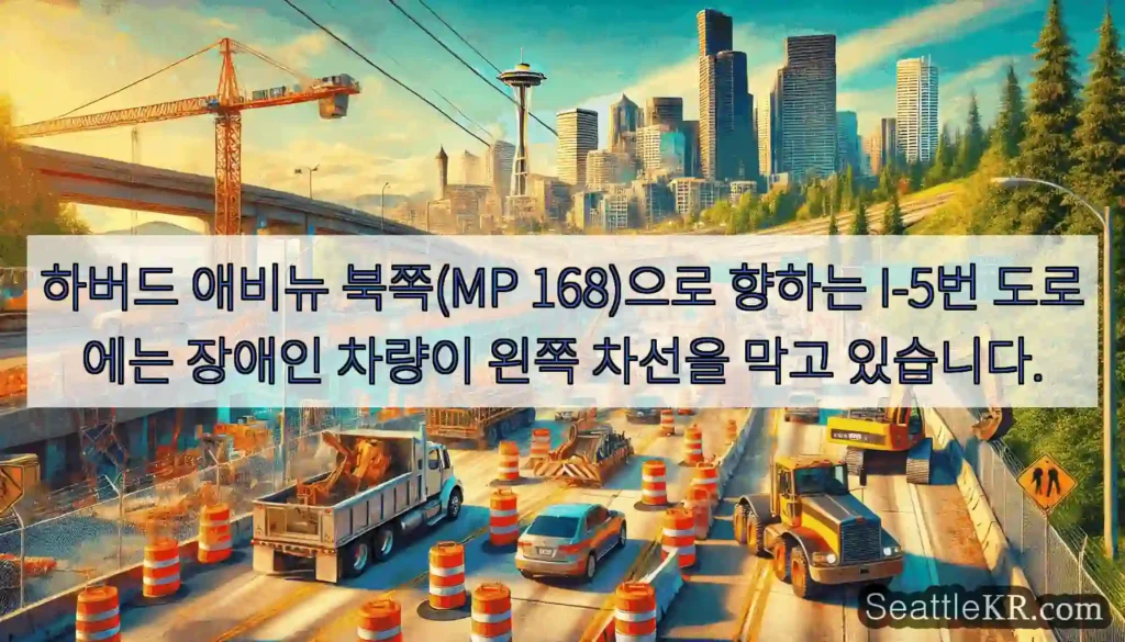 하버드 애비뉴 북쪽(MP 168)으로 향하는 I-5번 도로에는 장애인 차량이 왼쪽 차선을