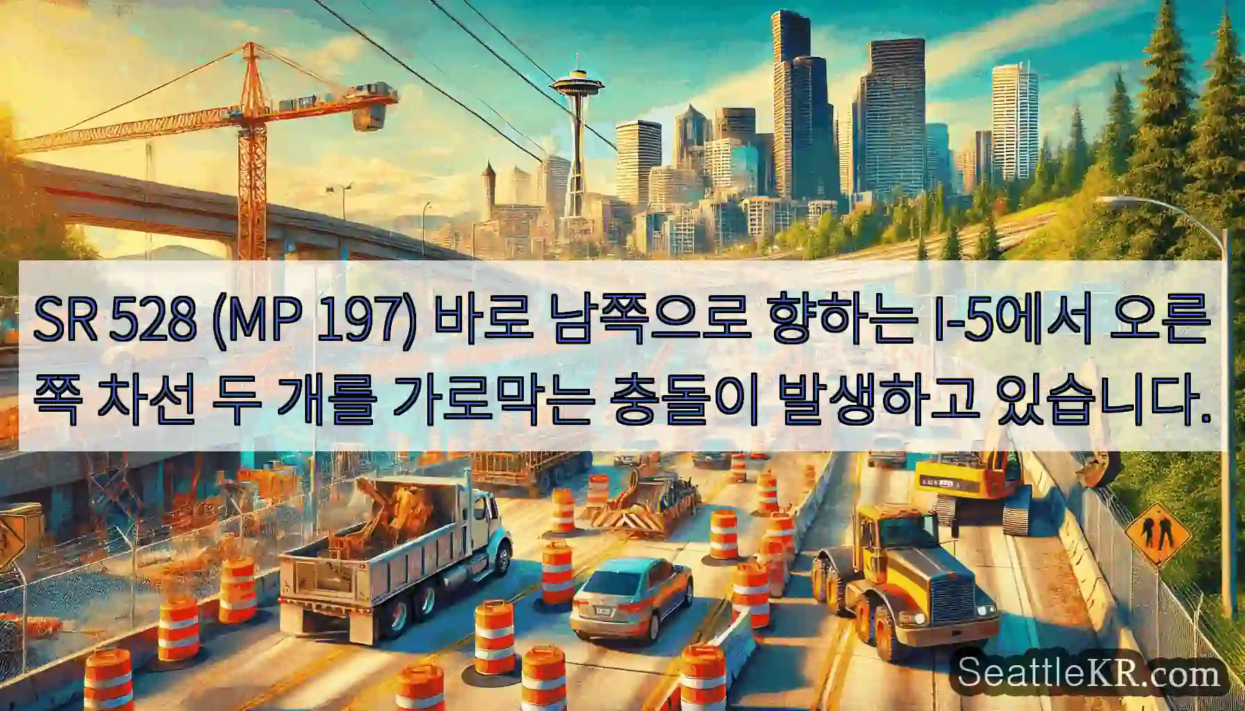 SR 528 (MP 197) 바로 남쪽으로 향하는 I-5에서 오른쪽 차선 두 개를