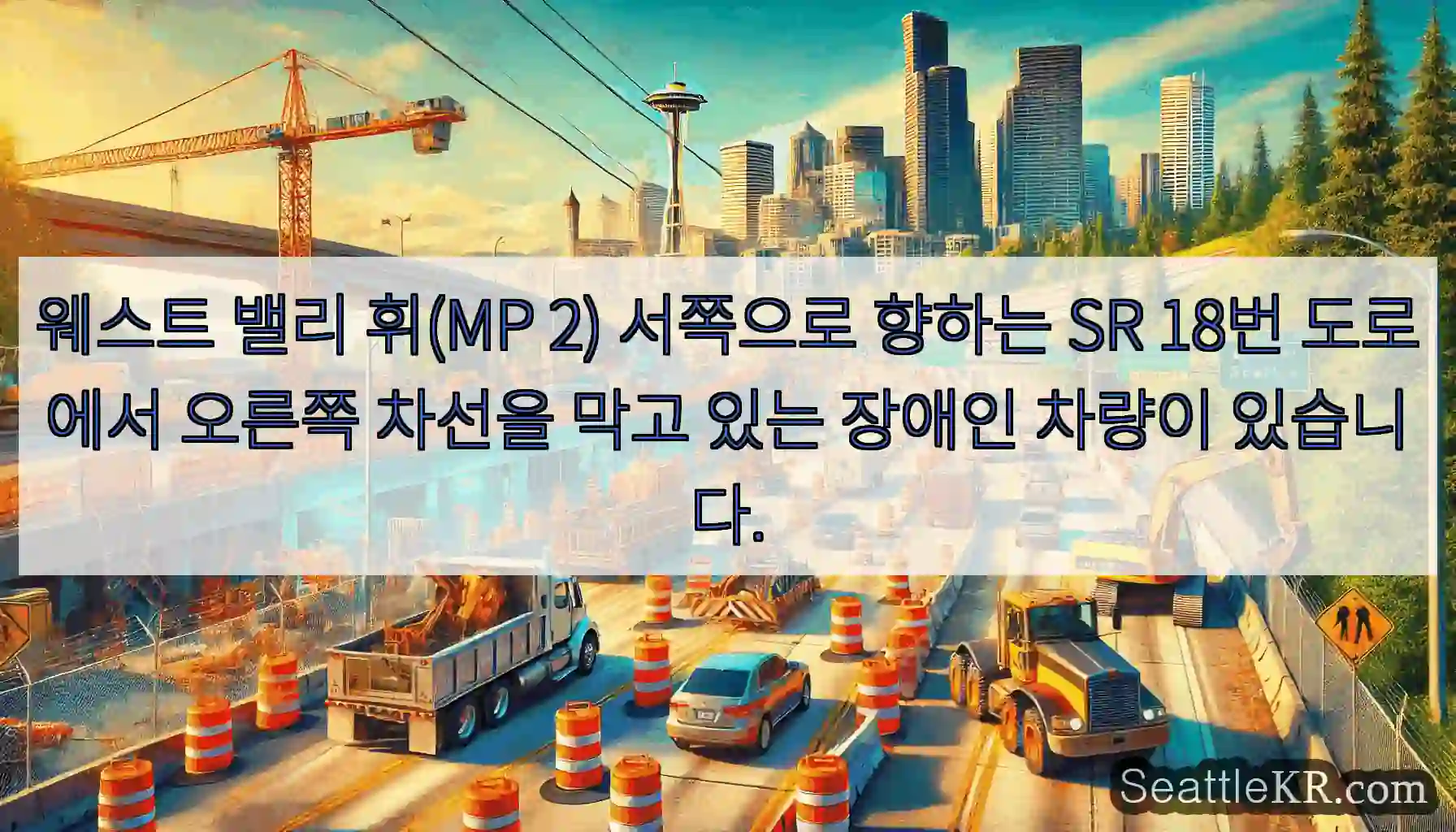 웨스트 밸리 휘(MP 2) 서쪽으로 향하는 SR 18번 도로에서 오른쪽 차선을 막고 있는