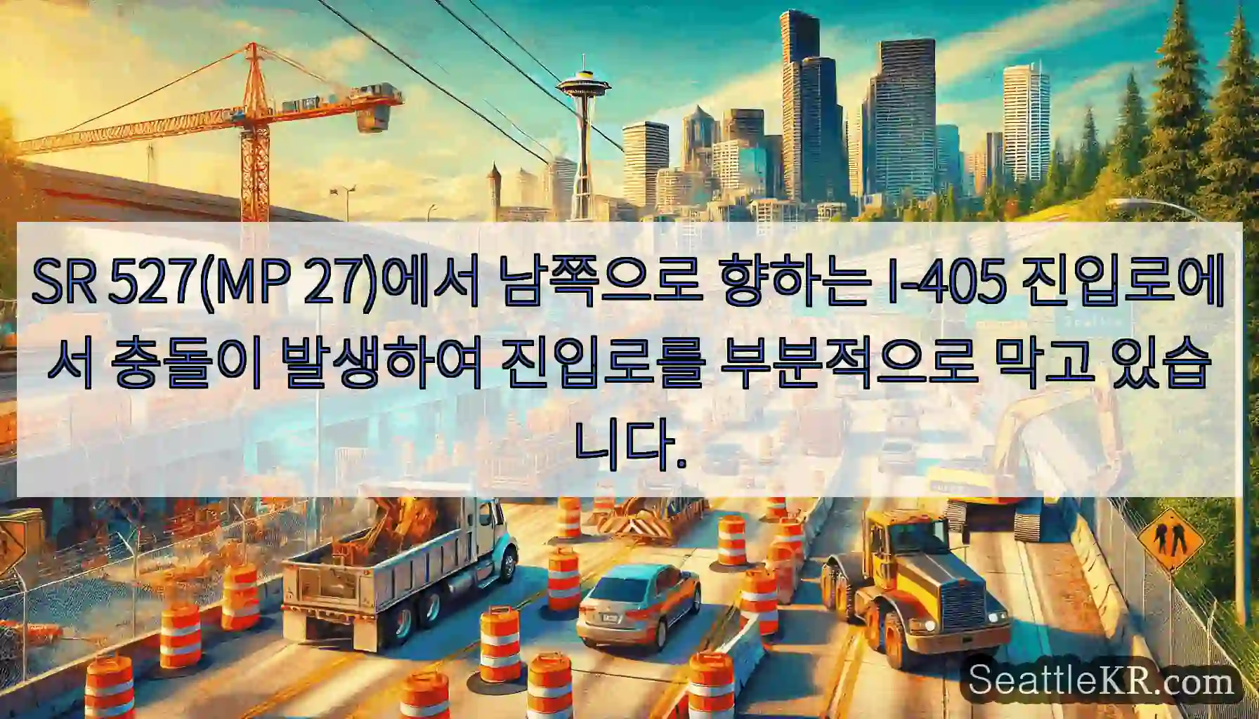 SR 527(MP 27)에서 남쪽으로 향하는 I-405 진입로에서 충돌이 발생하여