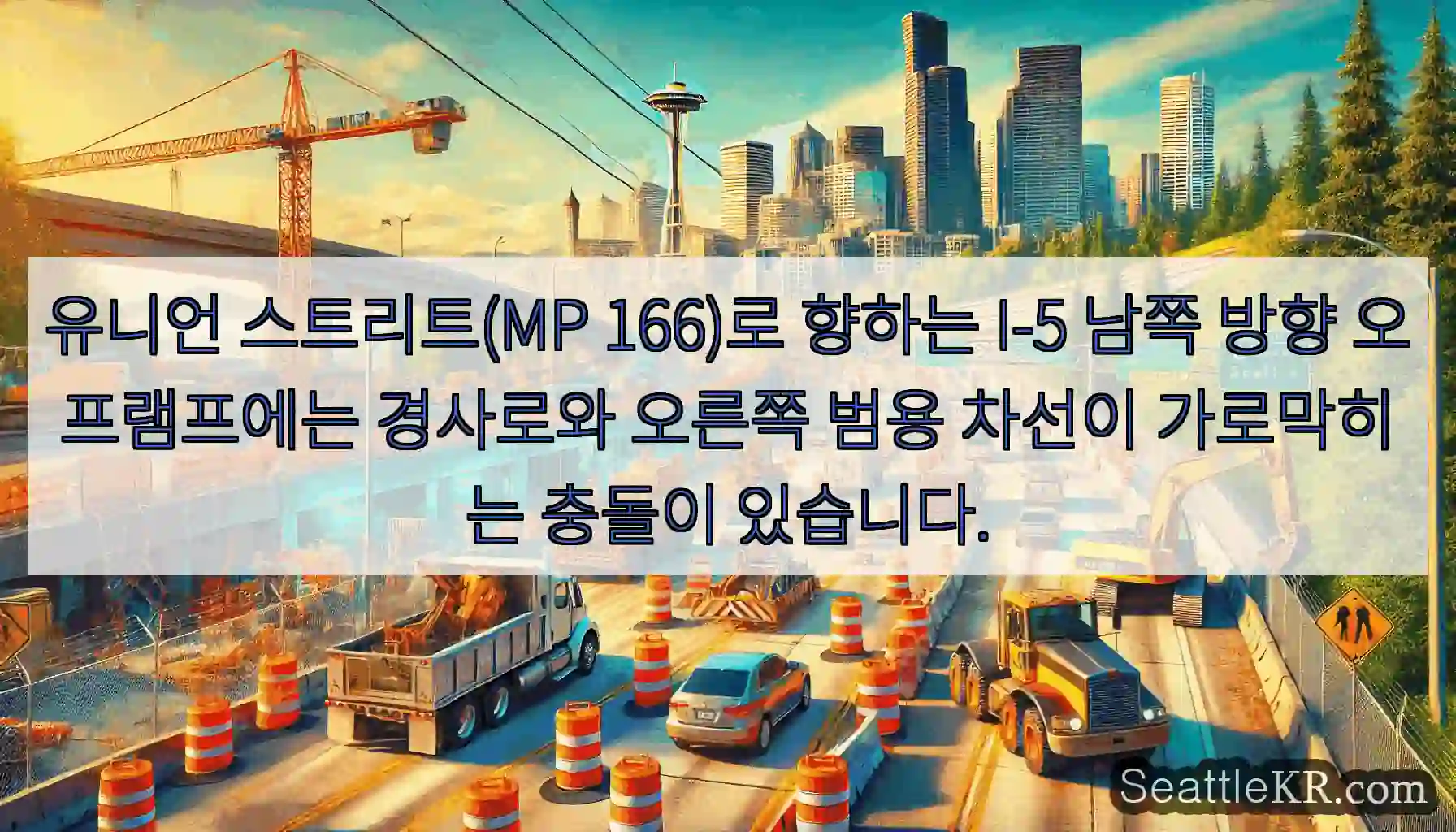 유니언 스트리트(MP 166)로 향하는 I-5 남쪽 방향 오프램프에는 경사로와 오른쪽