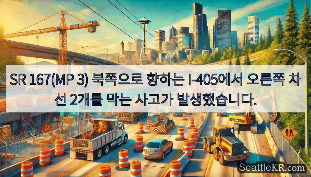 SR 167(MP 3) 북쪽으로 향하는 I-405에서 오른쪽 차선 2개를 막는 사고가