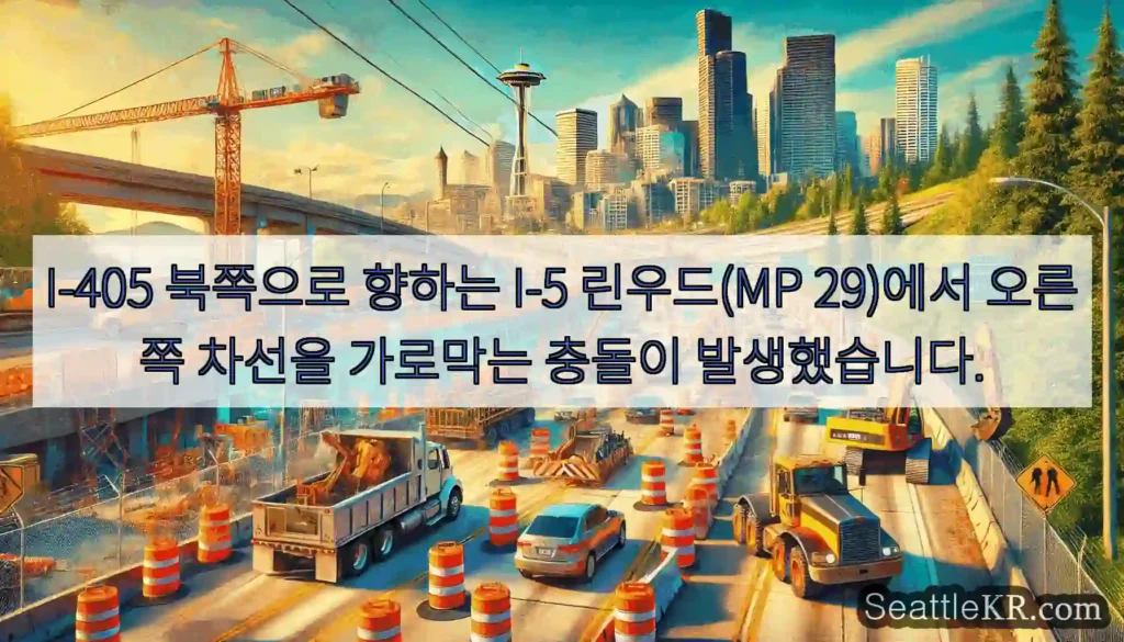 I-405 북쪽으로 향하는 I-5 린우드(MP 29)에서 오른쪽 차선을 가로막는 충돌이