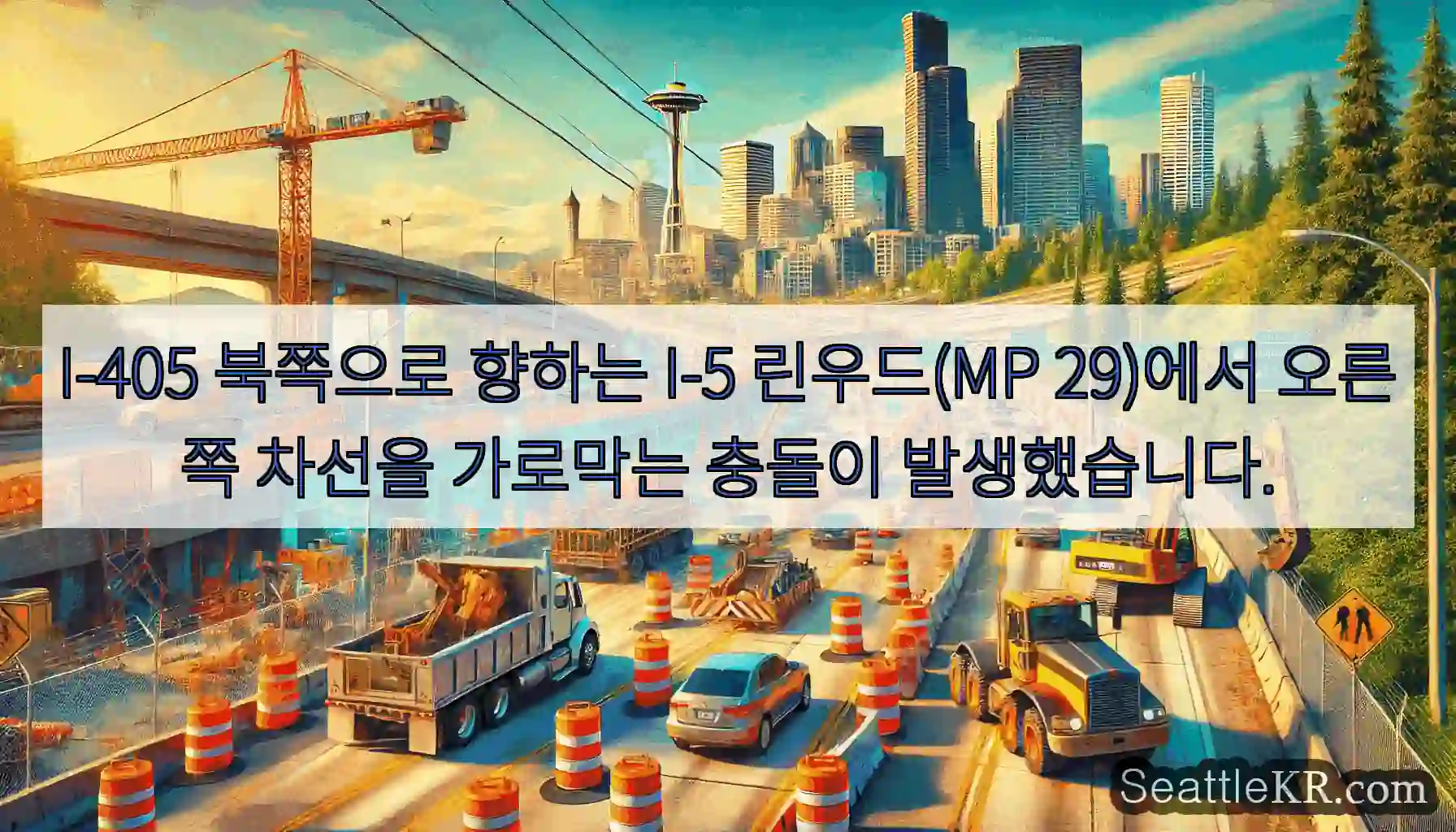 I-405 북쪽으로 향하는 I-5 린우드(MP 29)에서 오른쪽 차선을 가로막는 충돌이